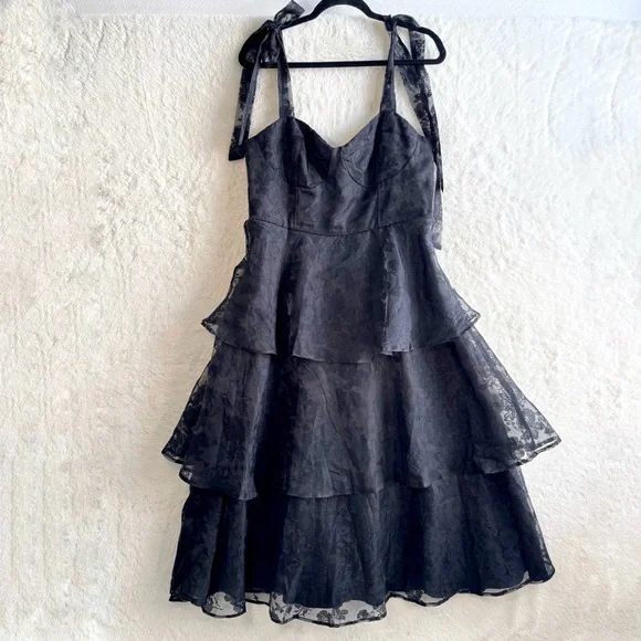 Lulus Glamorous Sweetie Black Burnout Tie-Strap Bustier Midi Dress XL LBD Floral - Picture 2 of 12